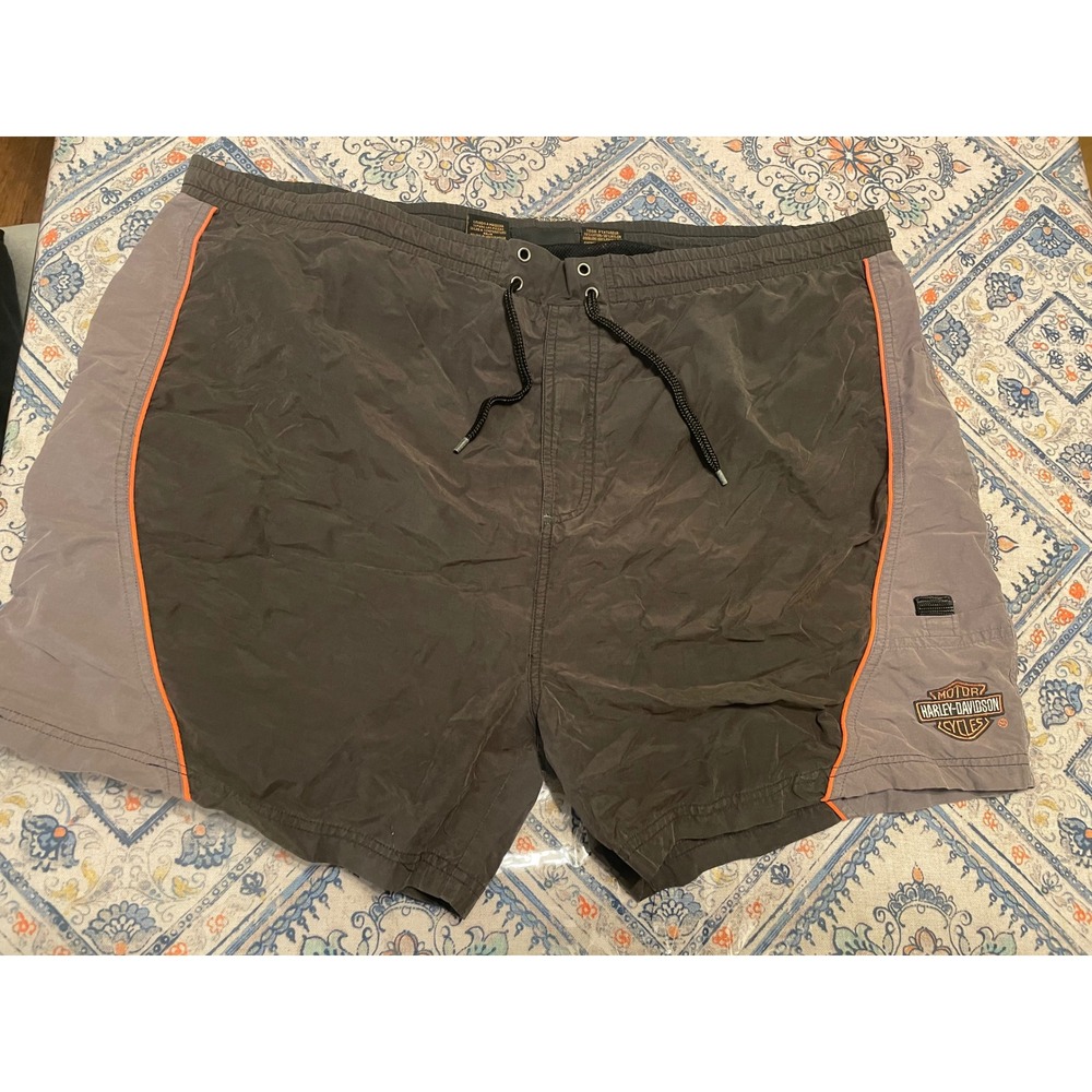 Harley Davidson Mens Swim Trunks Grey Orange Colorblock Board Shorts XL Inseam 5